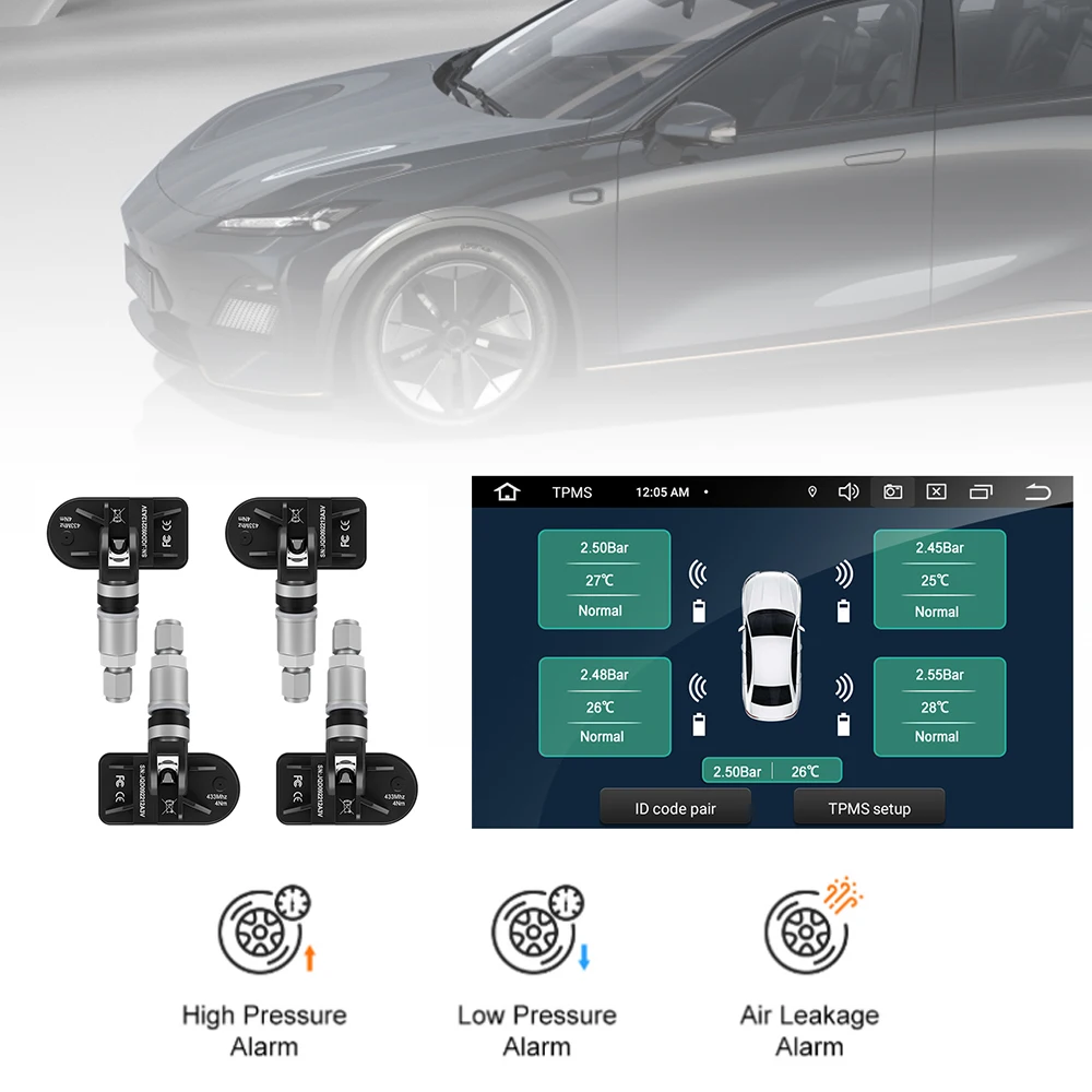 

USB TMPS Tire Pressure Monitoring System With 4 Sensors Android Navigation Alarm System USB Android Car TPMS