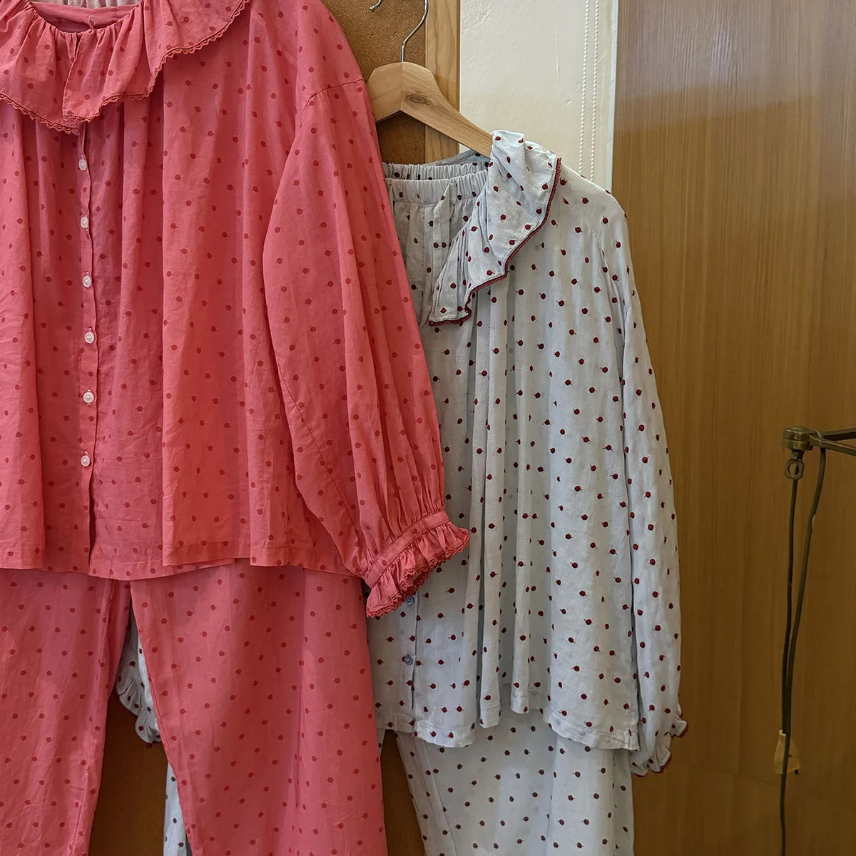 Women's Autumn Winter New Long Sleeve Loose Korean Sweet Floral Polka Dot Lace Home Suit Set for Wearing Pajamas Outside