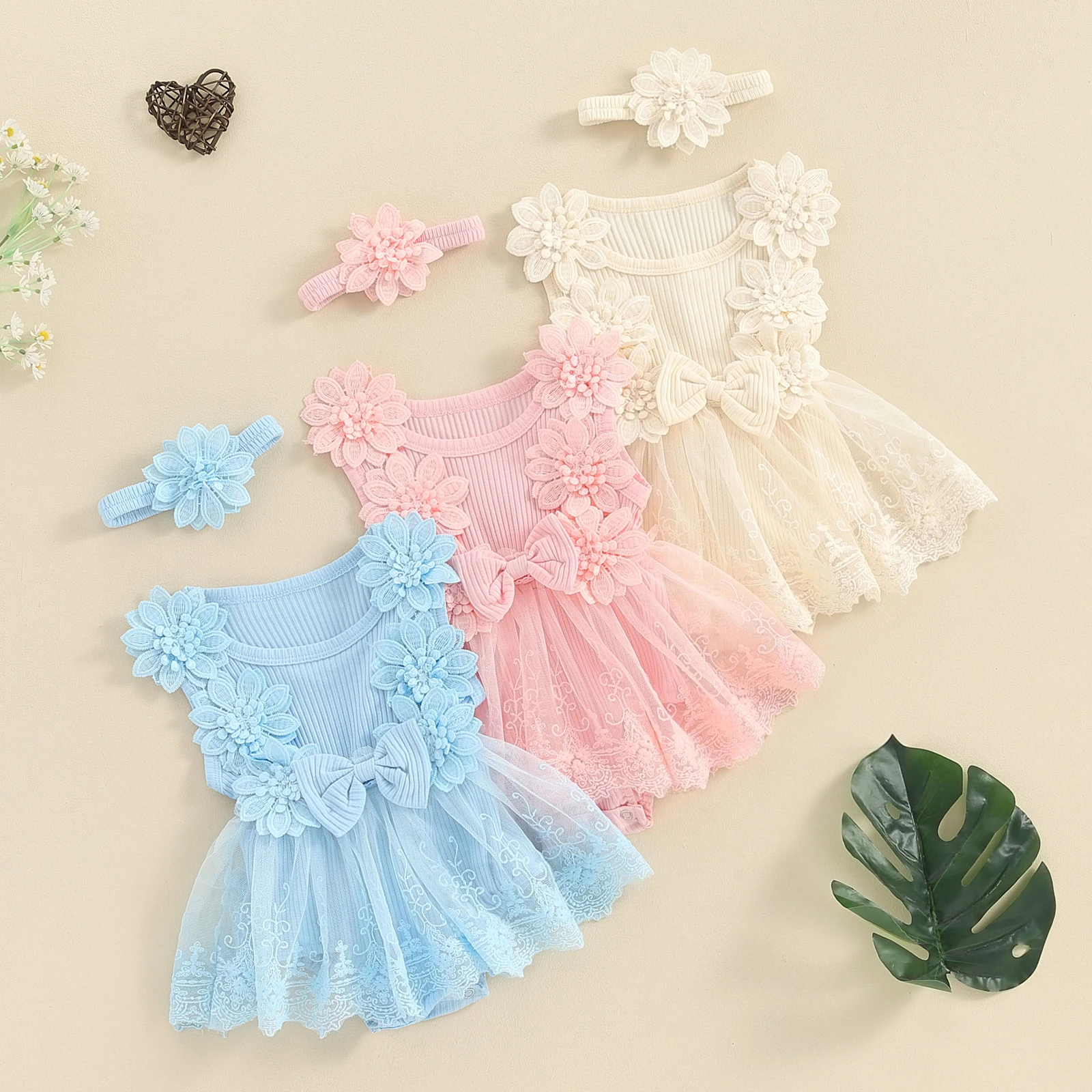 

Infant Baby Girl Summer Sleeveless Jumpsuit Lace Floral Round Neck Tulle Patchwork Romper with Headband