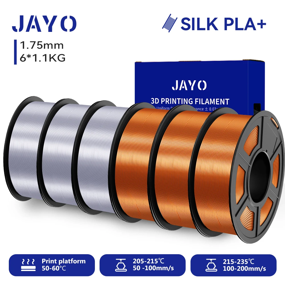 JAYO 6 Rollen SILK PLA + Filament 1,75 mm SILK PLA Plus Filament, glatte, seidige, glänzende Oberfläche, 3D-Filament, geeignet für FDM-Drucker