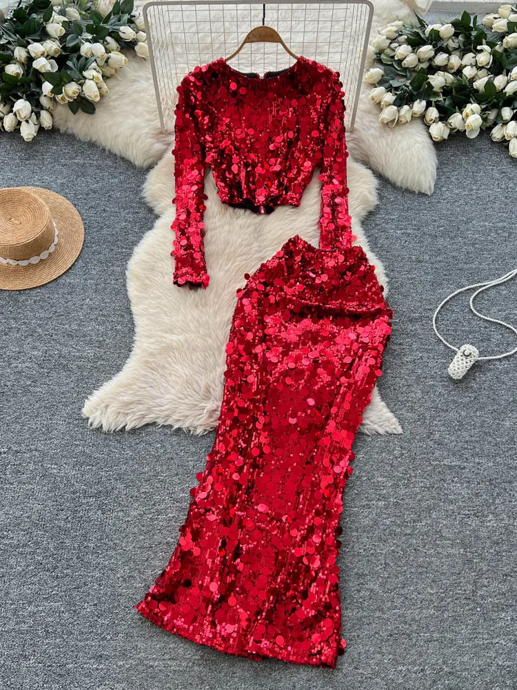 

Ele Sequin Two-Piece Set Women's Long Sve round Ne Top High Waist Skirt Autumn Commute Sle Casual Faion Set