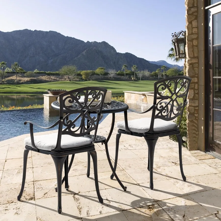 Bistro Set 3 Pcs Outdoor All Weather Cast Aluminum Patio Bistro Set Patio Table and Chairs Set of 2 with Umbrella Hole and Grey