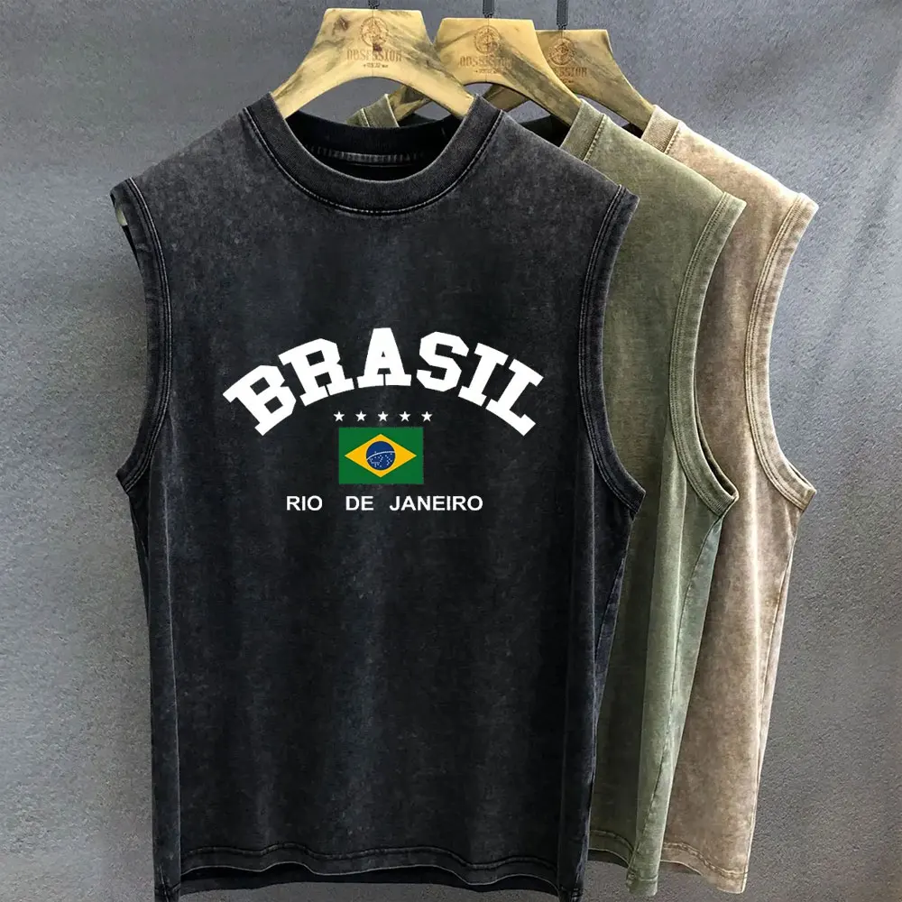 Camiseta de gran tamaño para hombre, camiseta sin mangas con estampado gráfico brasileño lavado Vintage, chaleco sin mangas para mujer, ropa de gimnasio Y2k, ropa de calle de verano