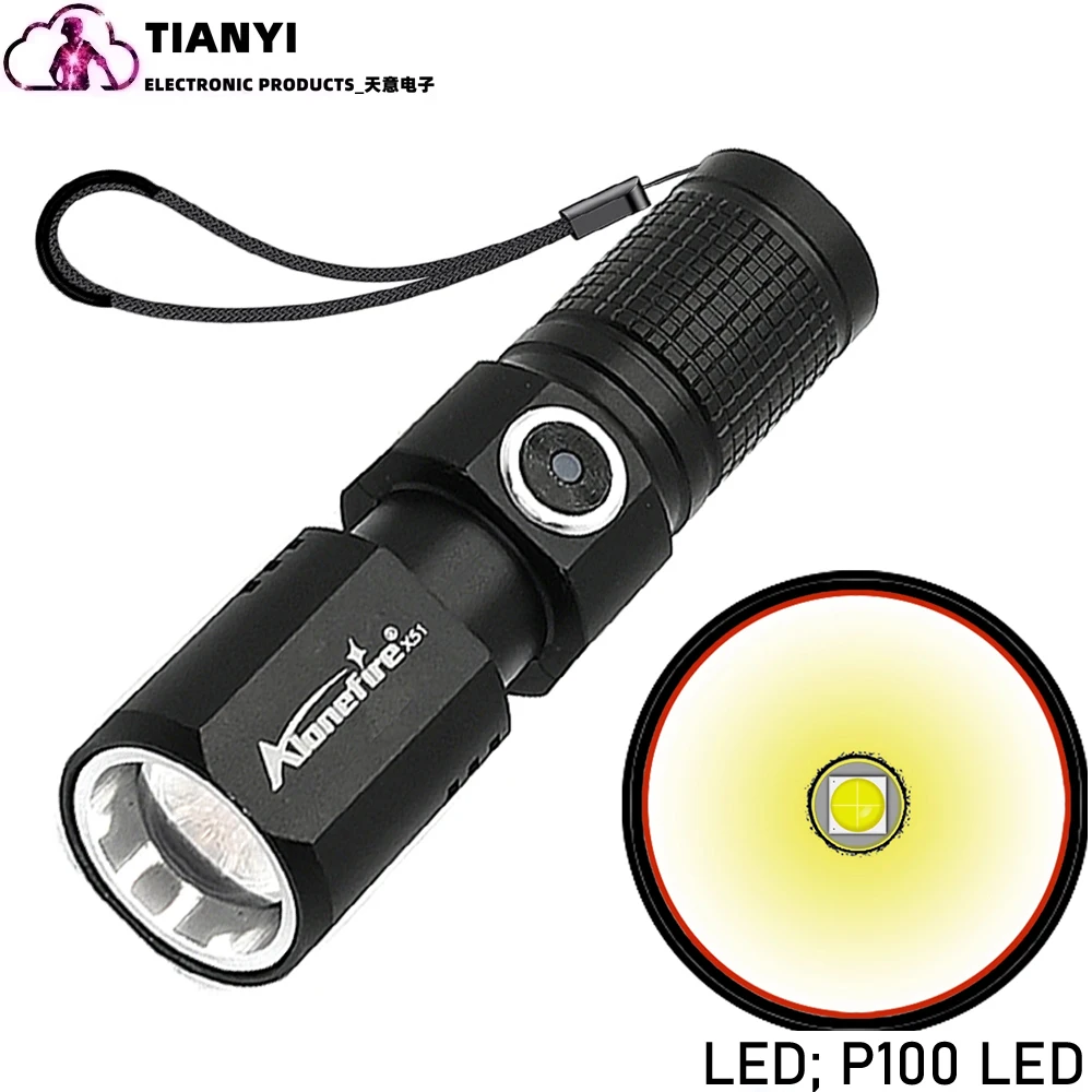 Zoom aluminum alloy mini portable strong light flashlight outdoor P100 charging type C multifunctional flashlight small LED