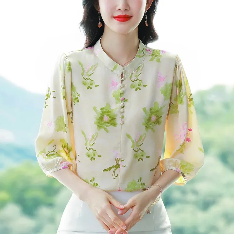Satin Women's Blouses Korean Vintage Shirts FASHION Loose Spring/Summer Clothing Printed Short Sleeve Women Tops