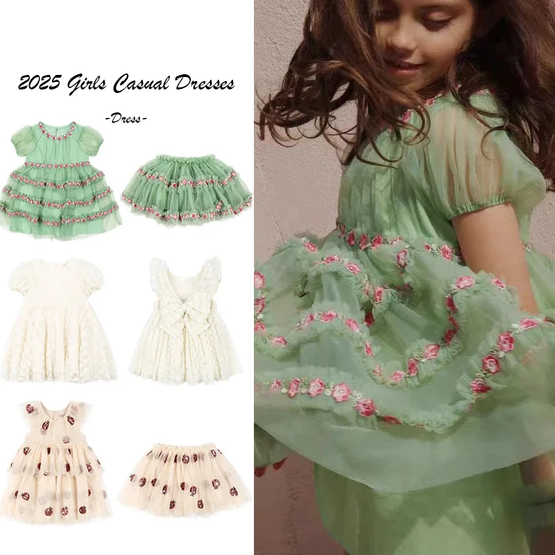 

Детское платье принцессы с цветочным принтом и блестками, полуюбка с вышивкой феи, эльфа и розы, белые платья с бантом, праздничная детская одежда