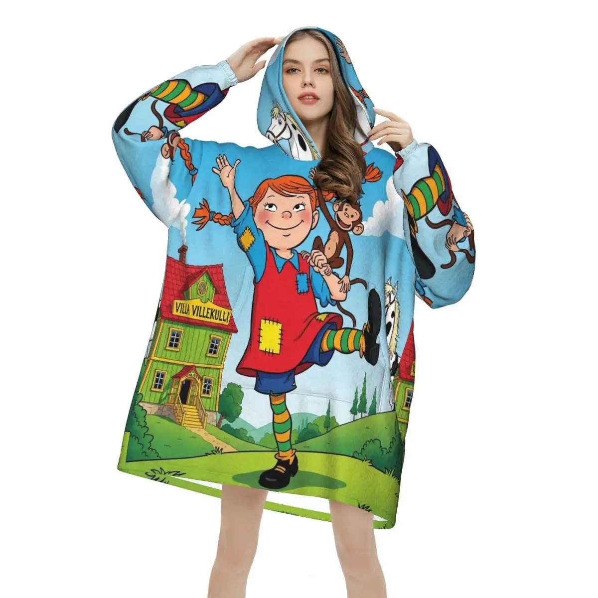 Pippis Girl Oversized Blanket Hoodie Sweatshirt Long Fleece Hooded Wearable Blanket with Large Pocket for Women Men