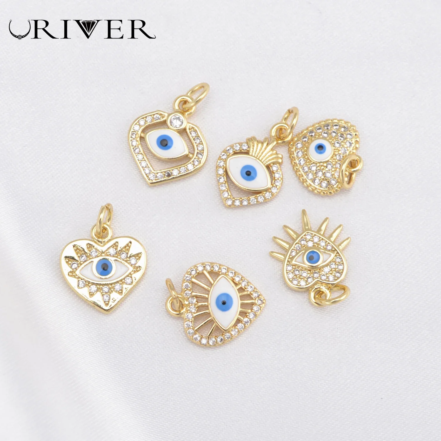 LJRIVER Blue Eyes Necklace Pendant Sun Heart Devil Eye Amuleti Charms Copper Plated Zircon Pendant DIY Women Female Jewelry Part