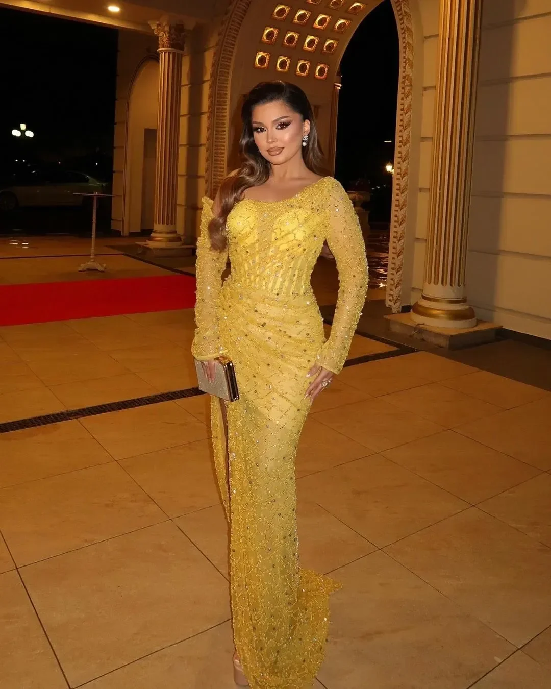 

Yellow Sheath Prom Dresses For Special Occasions Sequined Full Sleeves High Split Evening Formal Party Reception Birthday Engage