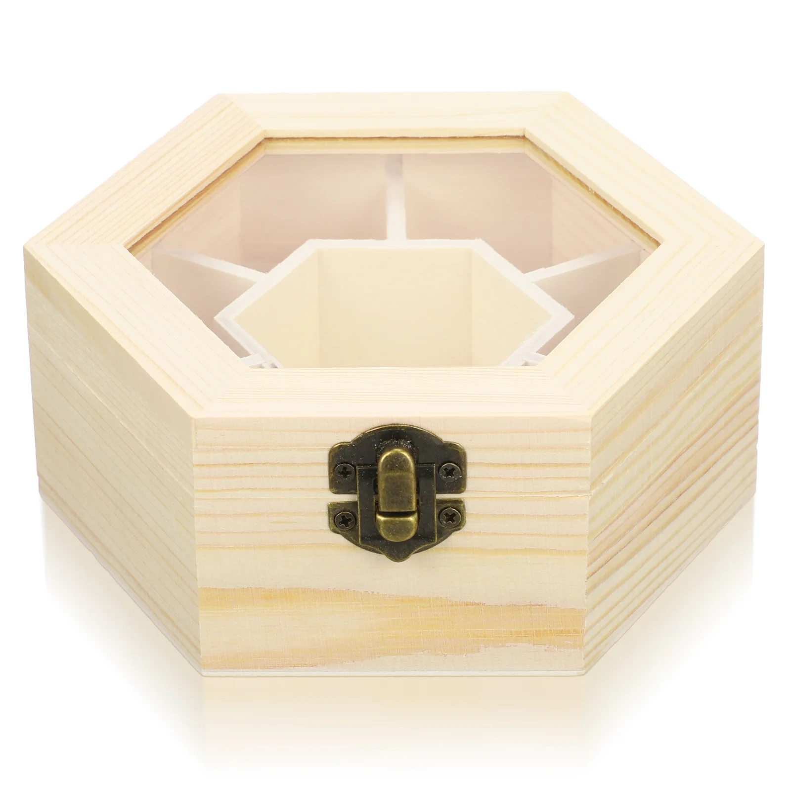 

New Natural Plain Wooden Jewellery Crafts Storage Box With Glass Lid and Lock Hexagon Shaped Chest Storage Collection Box