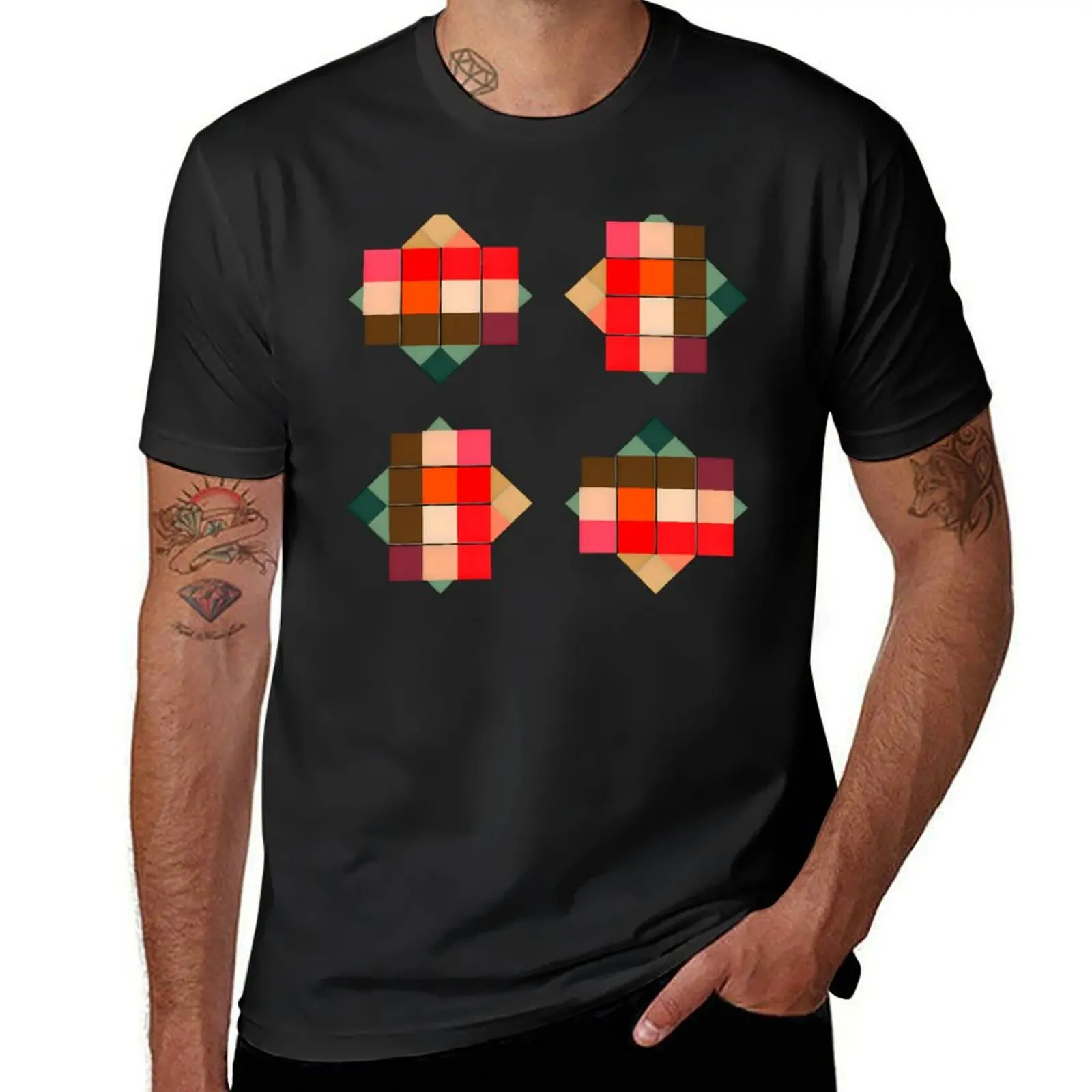 Retro Geometric Rectangle Square Shapes Pattern Red Green Orange T-Shirt anime men t shirt