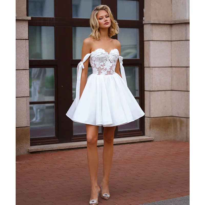 

Off The Shoulder Wedding Dress Organza Satin Embroidered Lace With Mini Short-Length Ballgown A-Line Sleeveless Bride Customized