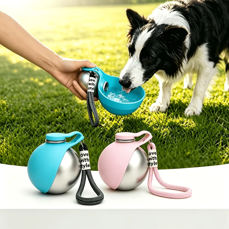 Bouteille d'eau pour chien en acier inoxydable 285 ml, abreuvoir portable pour chien, distributeur d'eau anti-fuite, bouteille pour chien 2 en 1 avec bol en silicone, accessoires de voyage pour animaux de compagnie