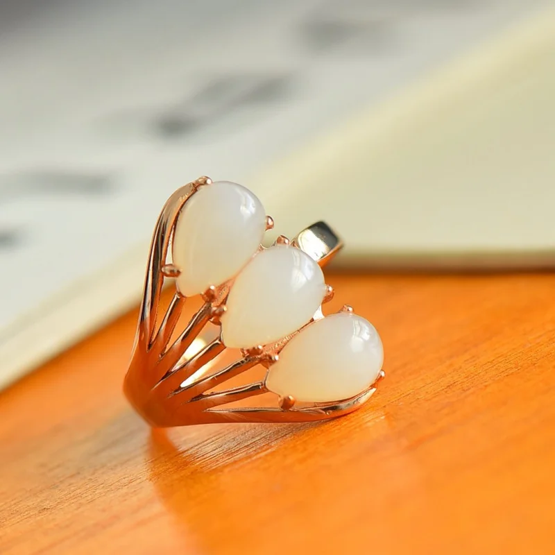 

Hetian белый нефрит в форме капли S925, посеребренное розовое золото, цвет хвоста, ювелирные изделия для рук, кольцо на палец