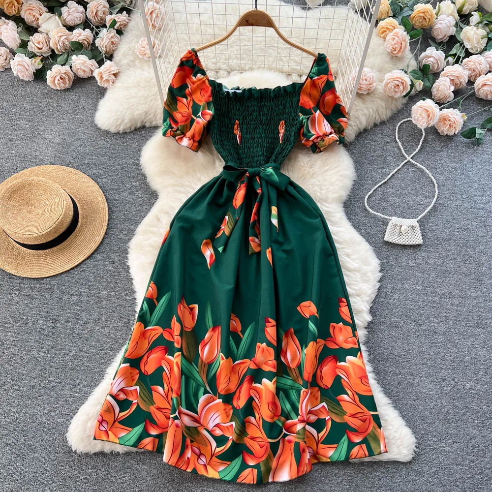 YuooMuoo Fashion Summer Flower Print Long Dress Women Vintage Square Neck Ruched Chest Sash Bandage Sundress Party Vestidos