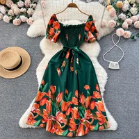 YuooMuoo moda verano estampado de flores vestido largo mujeres Vintage cuello cuadrado fruncido pecho faja vendaje vestido veraniego Vestidos de fiesta