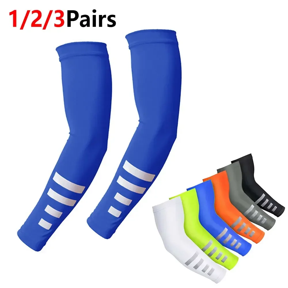 1/2/3Pairs Outdoor Safety Arm Sleeves, Reflective Strip UV Block Cooling Sleeves, Breathable Compression Arm Guards Road Cycling
