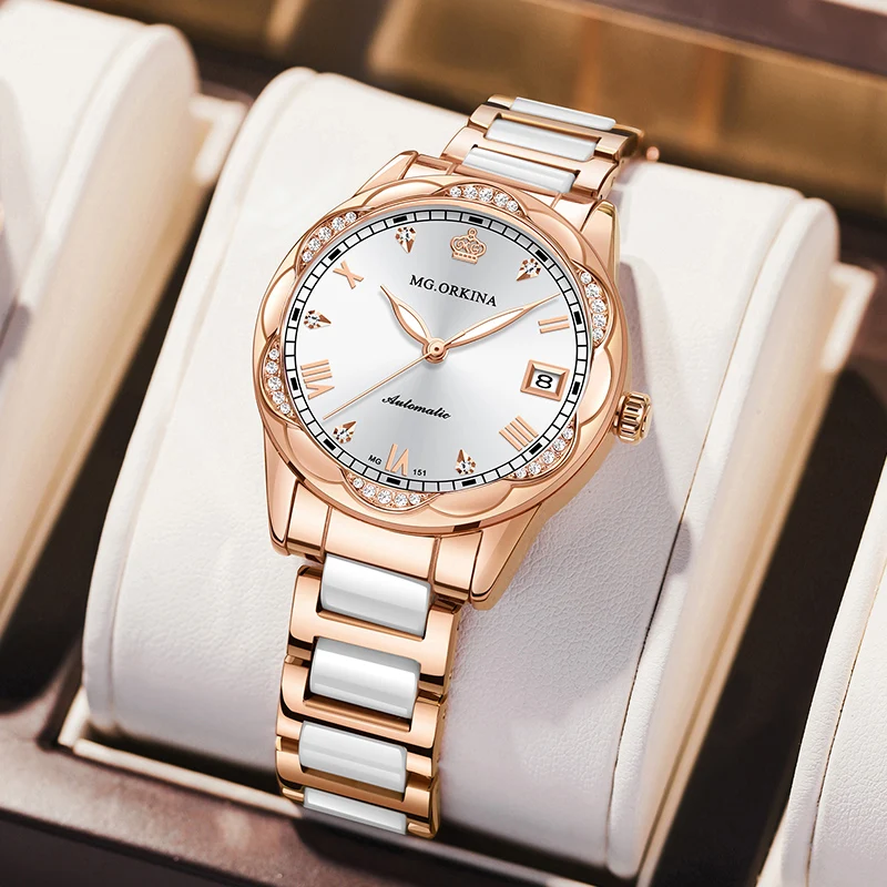 Montre de luxe pour femmes bracelet en céramique montre-bracelet mécanique étanche calendrier dames robe mode montre automatique Reloj Mujer