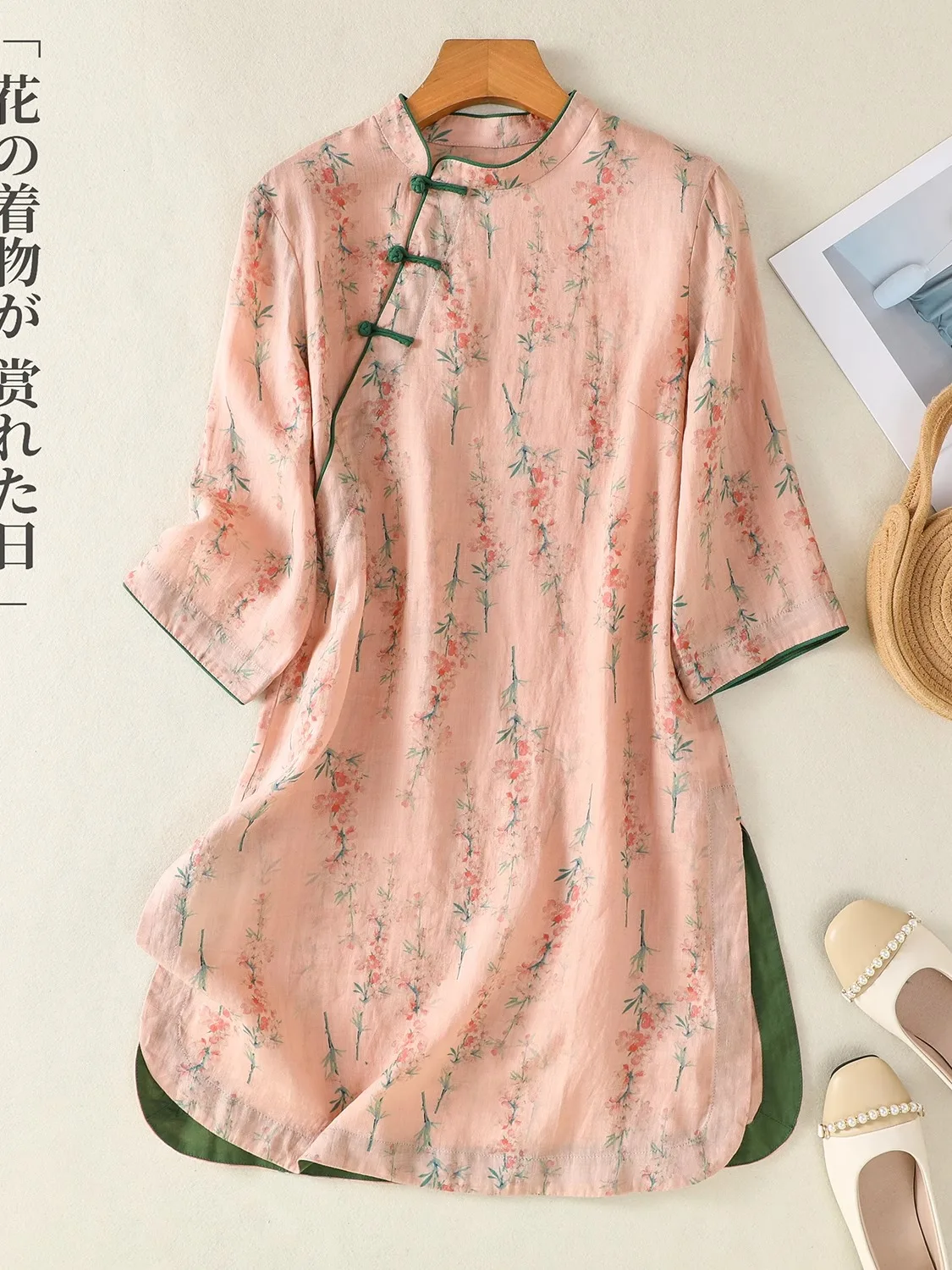 ريترو Sle المرأة الكتان irt زر حتى مطبوعة ميدي طول تعديل القطن الكتان الأعلى الصينية الجديدة Sle