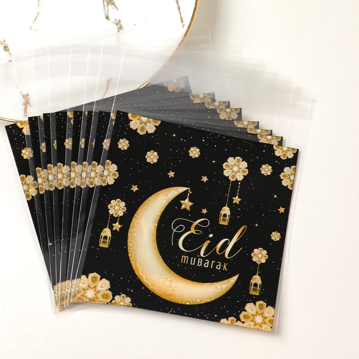 50/100pcs Eid Mubarak Candy Bag 2025 Ramadan Plastic Self Adhesive Gift Bag Ramadan Kareem Islamic Muslim Party Eid AlAdha Gifts
