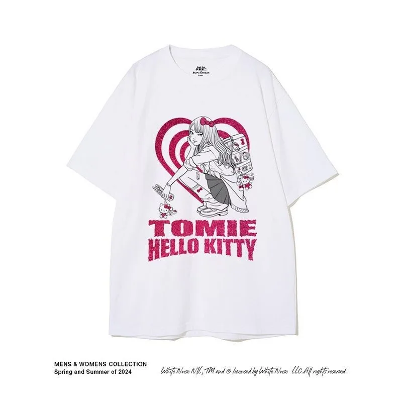 Cartoon Hello Kitty Tomie Kawakami T Shirt 100% Cotton Printed Sanrio Tomie Junji Ito T-shirt for Women Men Loose Oversized Tees