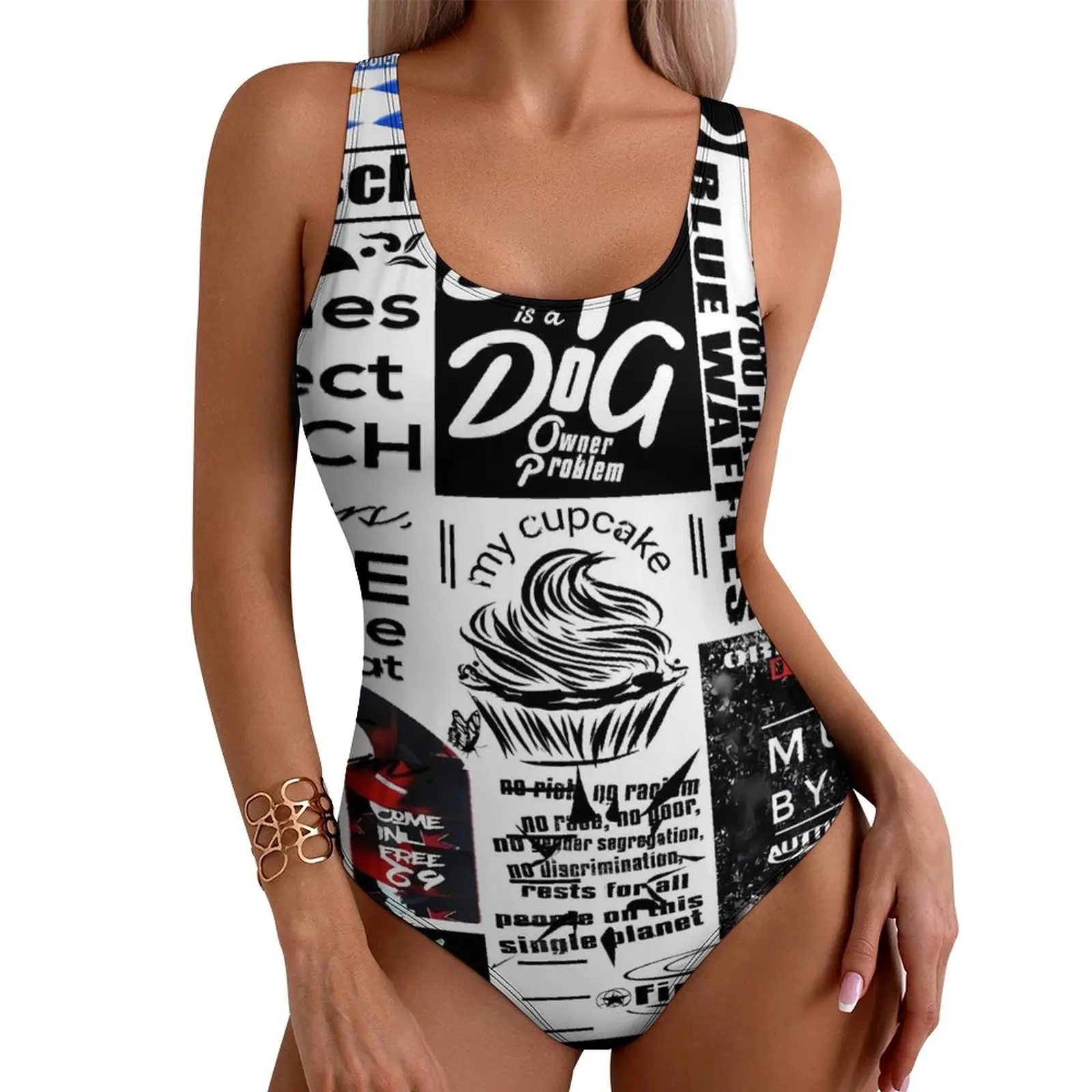 Newspaper Report Swimsuit Retro Letter Print One Piece Swimwear Push Up Stylish Monokini Sexy Holiday Rave Design Swimsuits