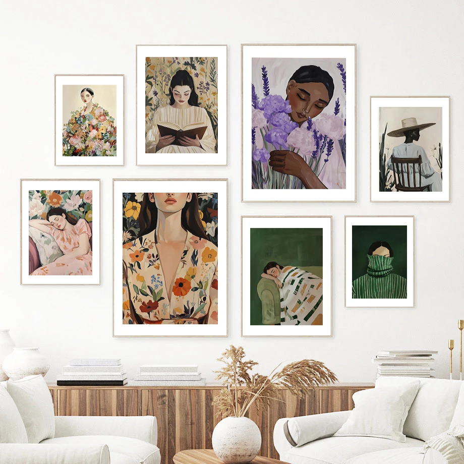 Woman Minimalist Woman Portrait Art Fashion Wall Art Canvas Painting Nordic Poster Room Decor Abstract Figure Artistic Flower