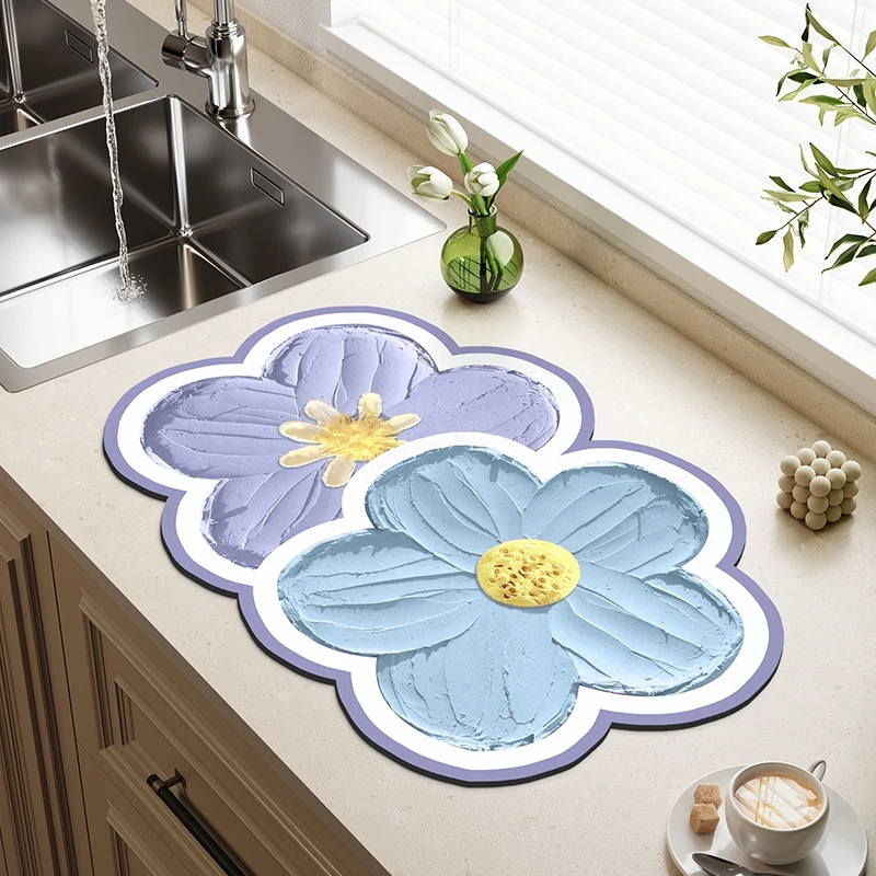 Flower Dish Drying Mat Polyester Drain Pad Absorbent Coffee Rug Kitchen Countertop Heat-resistant Placemat Tableware Place Mats