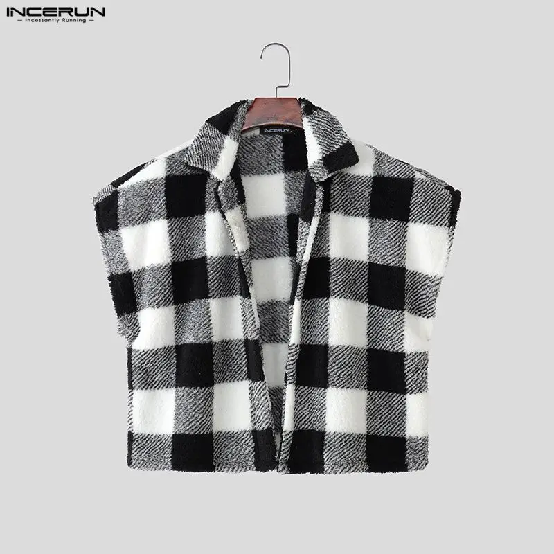 

INCERUN Men Vests Plaid Lapel Sleeveless Casual Male Waistcoats Streetwear 2025 Korean Style Plush Fleece Fashion Crop Vests Men