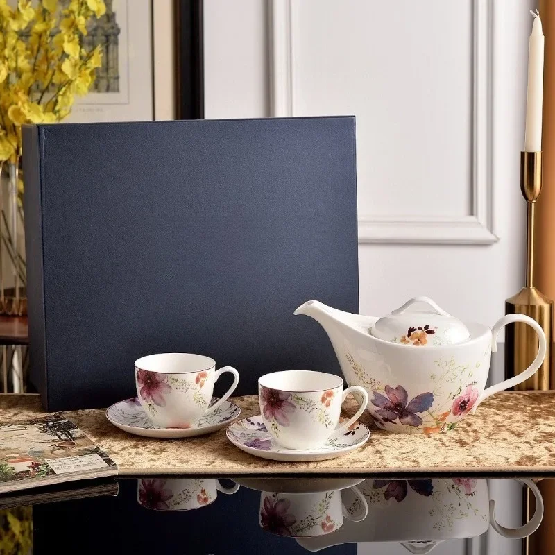 Watercolor Floral Printed Bone China Tea Set Teapot Cups With Saucers Complete Afternoon Tea Kit Dark Gift Box Table Decor Gift