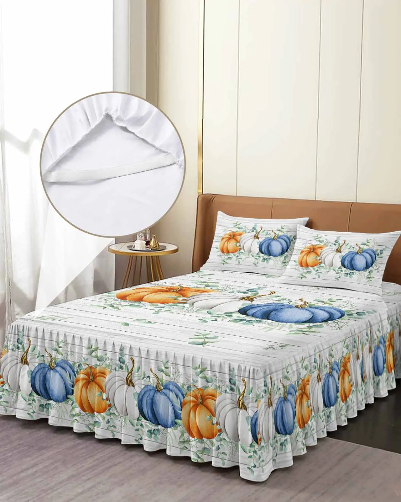 

Thanksgiving Pumpkin Eucalyptus Wood Grain Skirt Elastic Fitted Bedspread With Pillowcases Mattress Cover Bedding Set Bed Sheet