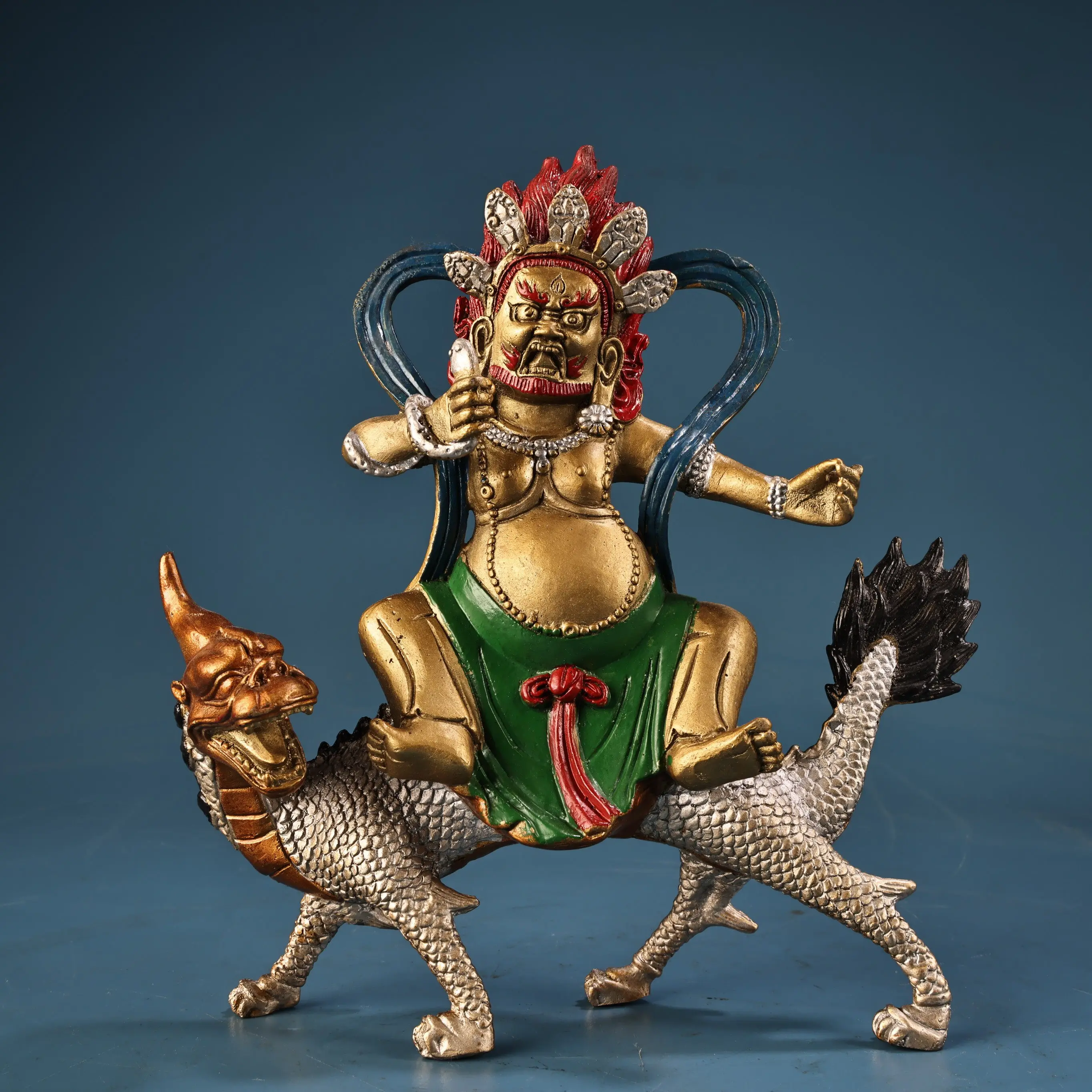 Copper High Relief Engraved Painted Gilded Dragon God Wealth Buddha Statue, Vintage Patina Fortune Deity Collectible Ornament