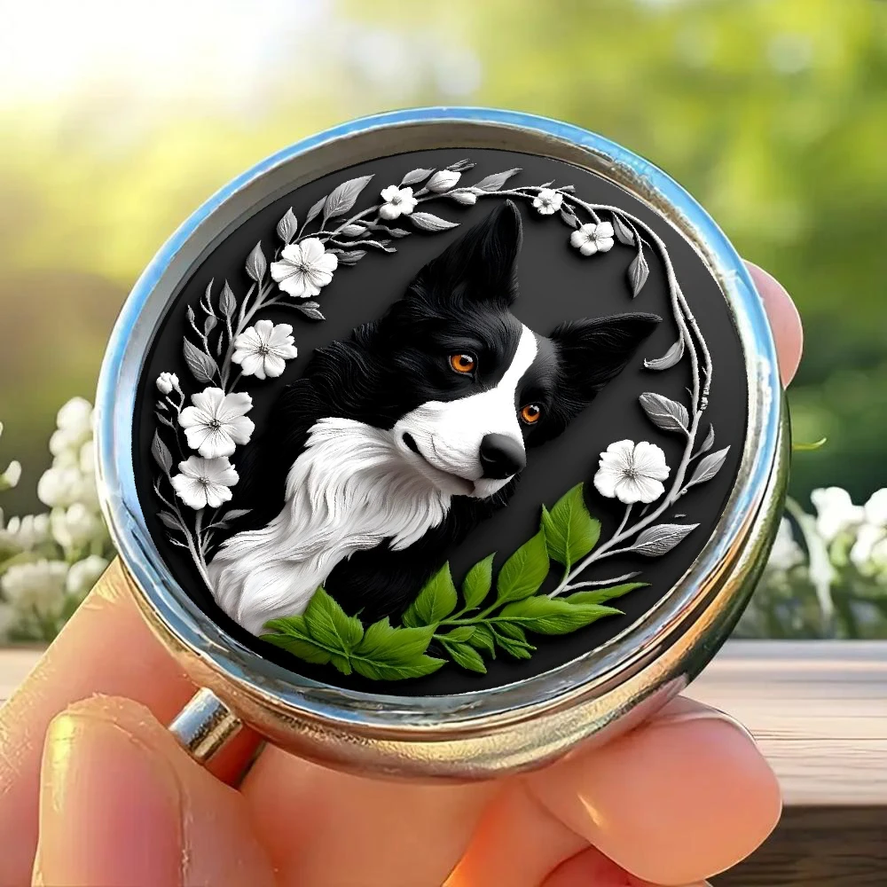 1 Piece, Flat, Round Three-Compartment Box, Border Collie Circular Pattern Design, Travel Portable Box, Compact Metal Jewelry Box, Exclusive Design, Can Be Used as an Exquisite Gift or Birthday Present, Made of Metal