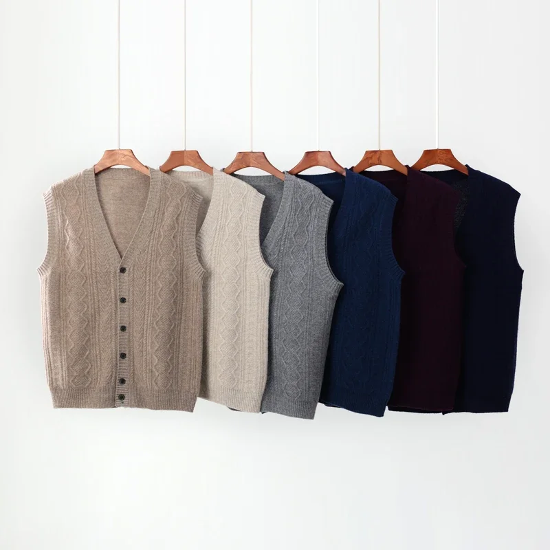 

2024 Men's 100% Merino Wool Sweater V-neck Vest Sleeveless Button Cardigan Smart Casual Cashmere Knitwear Twist Flower Waistcoat