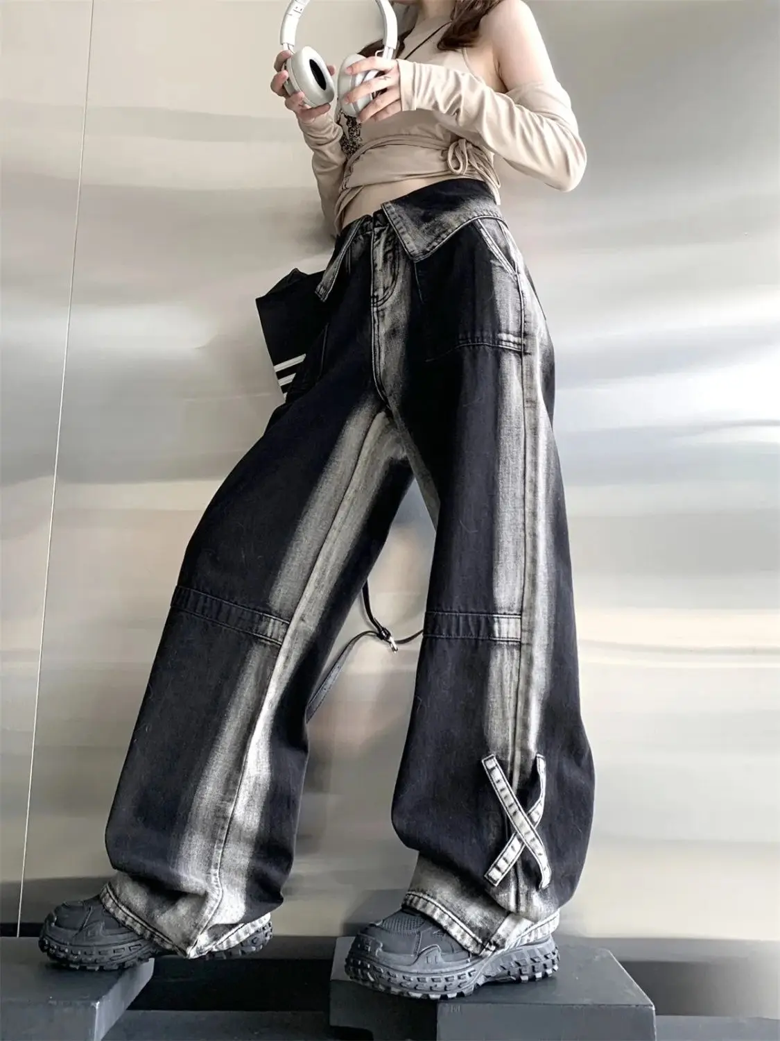 American Retro Gradient Jeans Female Spring Autumn New Niche High Waist Flanging Design Drape Loose Straight Wide-Leg Pants