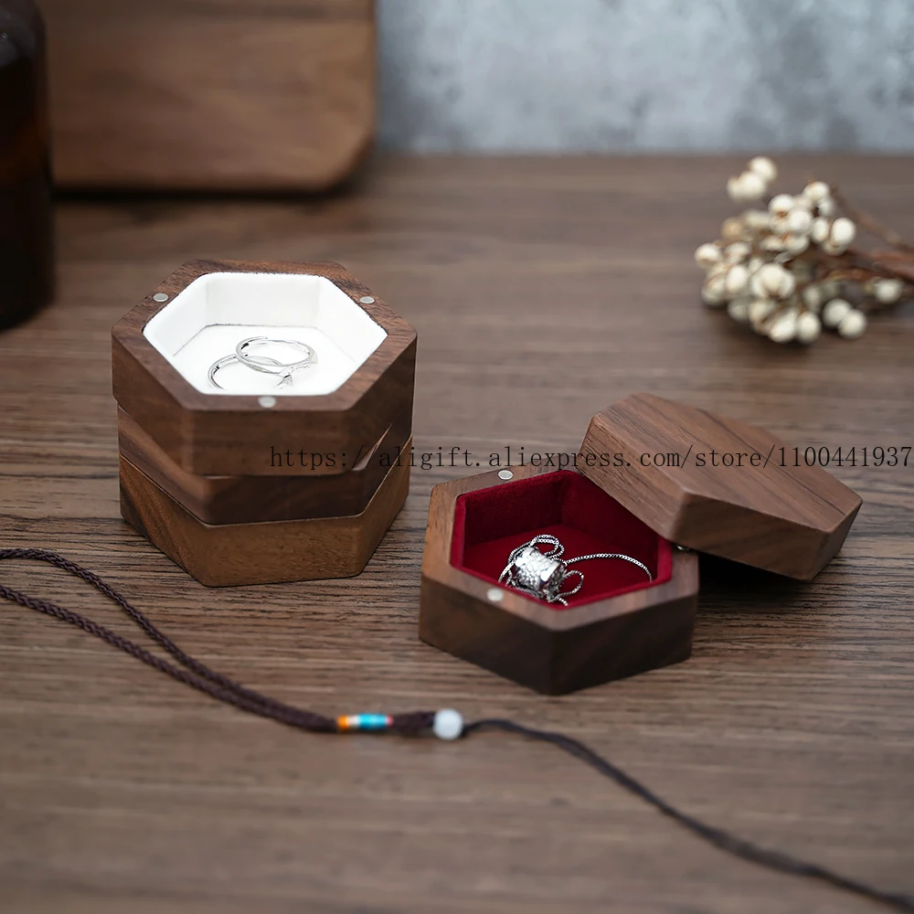 

Custom Logo Six-sided Retro Table Jewelry Storage Box Solid Wood Simple Velvet Cloth Lining Wooden Badge Storage Box
