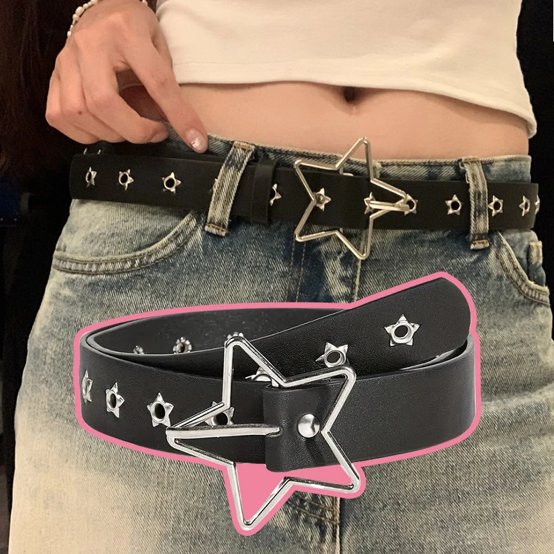 Y2K Punk Star Eyelet Black Rivet Leather Belt