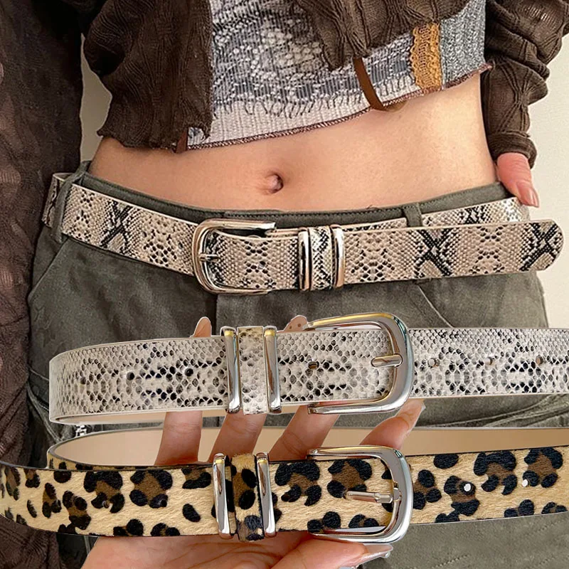 Y2K Jeans cinturón con estampado de leopardo niñas picantes patrón de piel de serpiente cinturones hebilla de aleación pretina Vintage uso a largo plazo cinturón de cuero PU