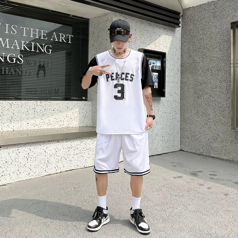 男性用のデジタルプリントスポーツウェア,Tシャツ,ショーツ,ジョギング,スポーツウェア,エクササイズ,新品のトレンド,2ユニット