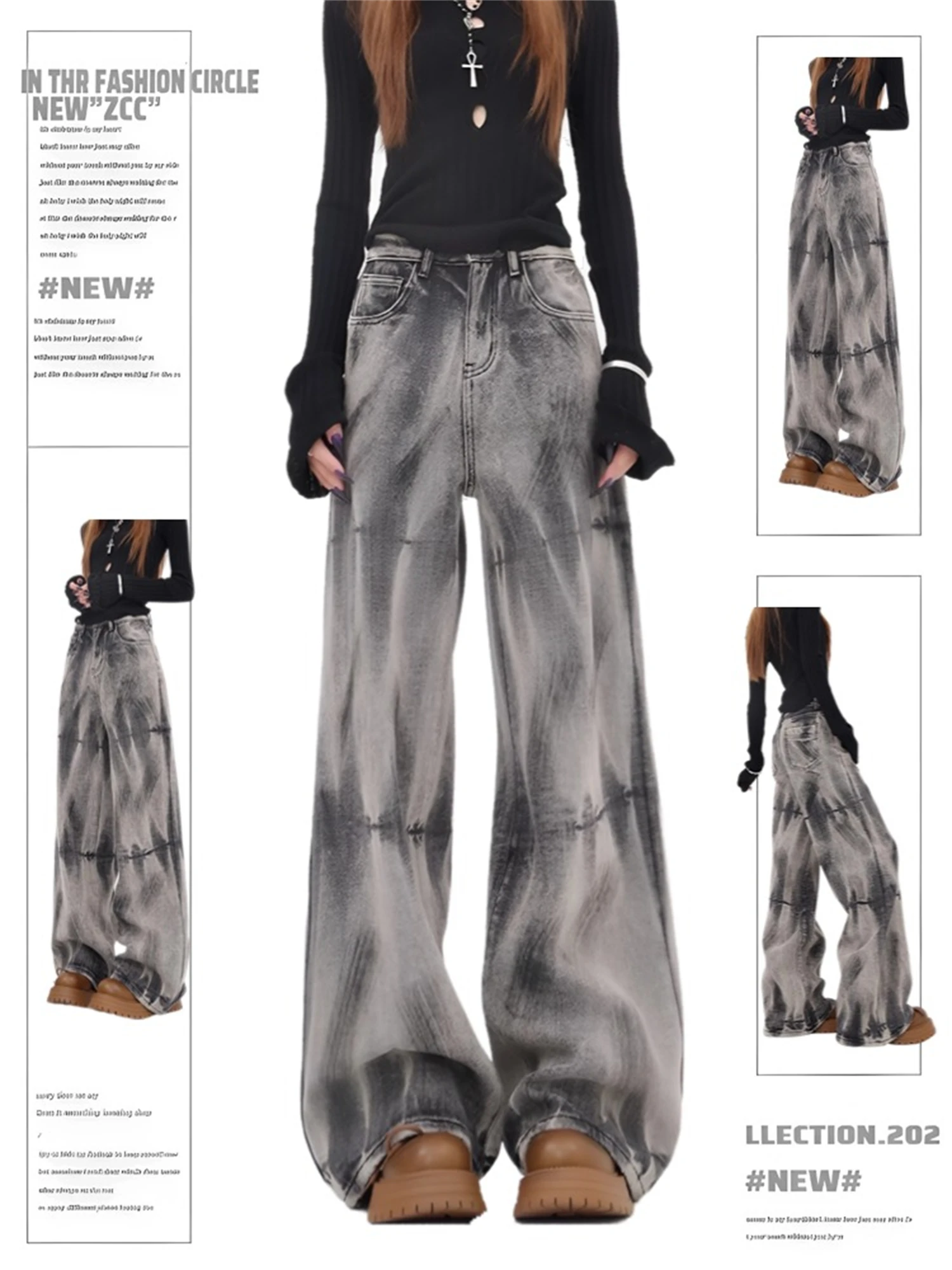 

Y2K Women's High Waist Wide Leg Jeans Vintage Washed Gray Tie - Dye Effect Loose Fit Streetwear Fashion Denim Trousers