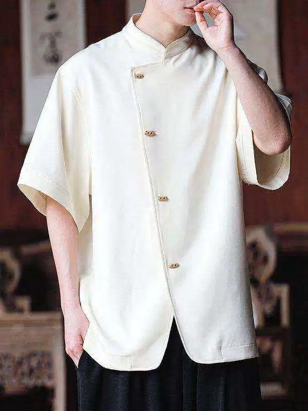 

New Chinese Sle Men's irt Wooden Button ort Sve Asymmetrical Summer Tang Costume Large Size Five-Armor Breathable Ca...