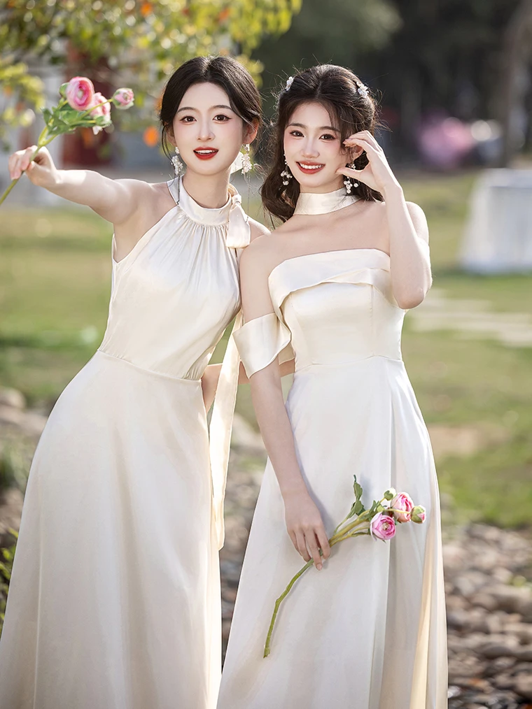 Brautjungfernkleid, Champagner-Satin, Schwester Dr. 2025, neues koreanisches Sle-Hochzeits-Outfit für beste Freundin, wunderschöne übliche Kleidung