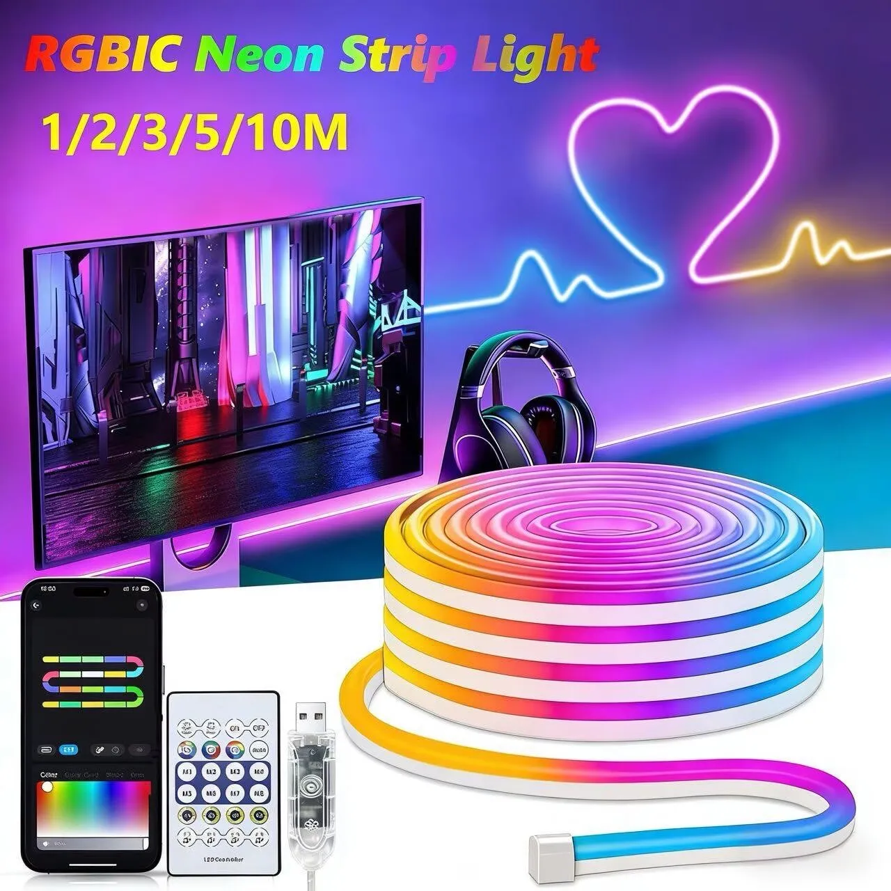 USB 5V Led Neon Light Strip Bluetooth RGBIC Neon Rope LED Strip Light Music Sync Lighting for Party Game Room Decor TV Backlight