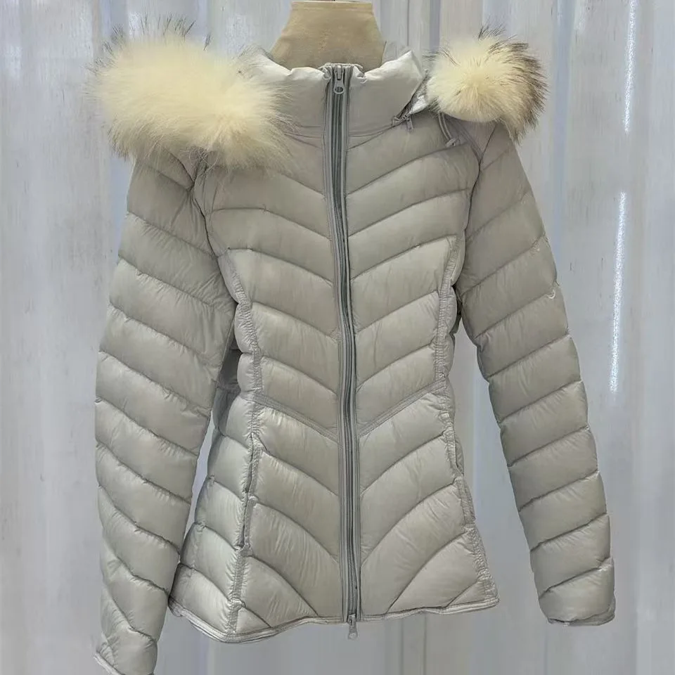 Winter Hooded White Duck Down Pork Rib Outwears Women Natural Detachable Fur Collar Down Jacket Female Warm Cold Proof Jacket