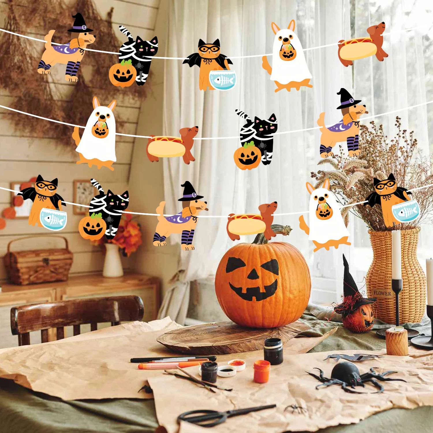 Cute Halloween Pet Ghost Cat Dog Party Banner,Indoor Home Hanging Wall Decorations,Kitty Puppy Themed Trick or Treat Party Gifts
