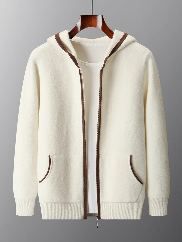 

TLOML Men 100% Cashmere Sweater Color Blocking Hooded Zipper Cardigan Autumn Winter Soft Warm Casual Style Cashmere Knitwear Top
