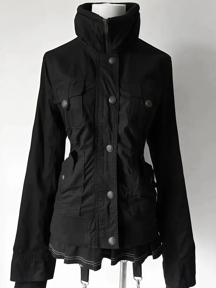 Winter Woman Clothes Gothic Motorcycle Hoodie Punk Pocket High neck Long sleeves Warm Sweatshirt 2000s Jacket Y2k Hooded Zip-up