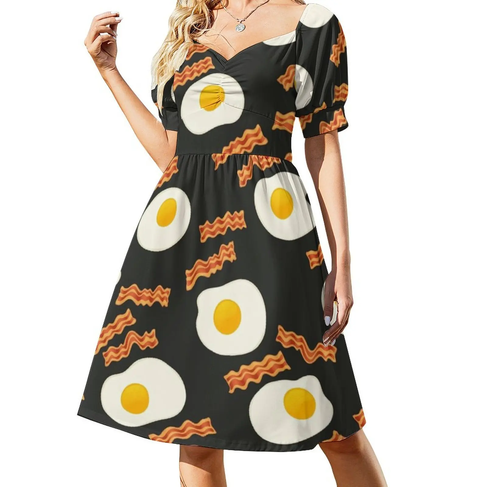 Ovo e beacon boêmio vestido sem mangas para mulheres impressão praia vestidos de festa bacon bacon e ovos porco bacon vestido para