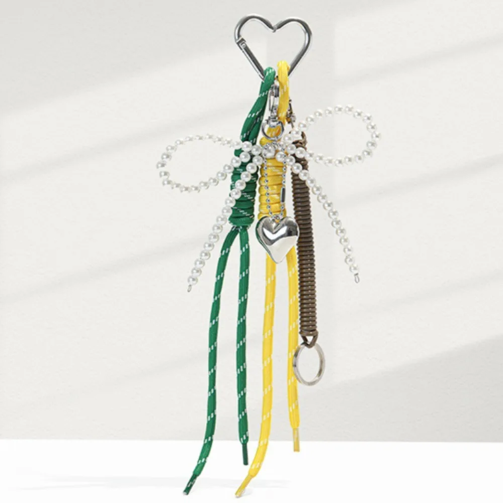 

Glossy Leather Pearl Bow Keyring Bead Long Tassel Love Heart Backpack Pendant Korean Style Bag Charms Bag Purse Decor Daily