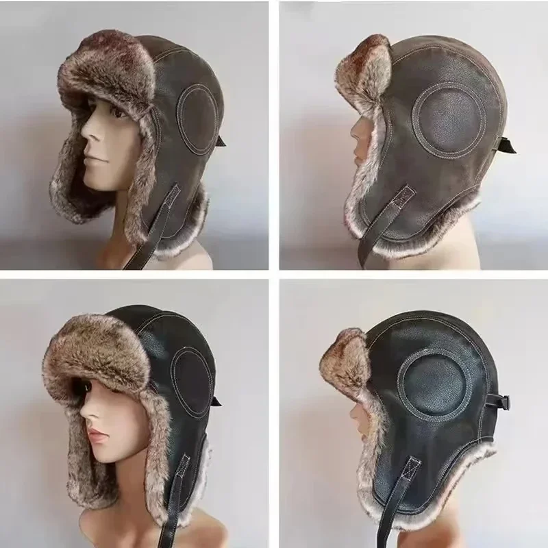 Gorro de cuero con orejeras para hombre y mujer, gorro cálido de Lei Feng a prueba de viento, gorro de invierno para piloto, aviador, cazador
